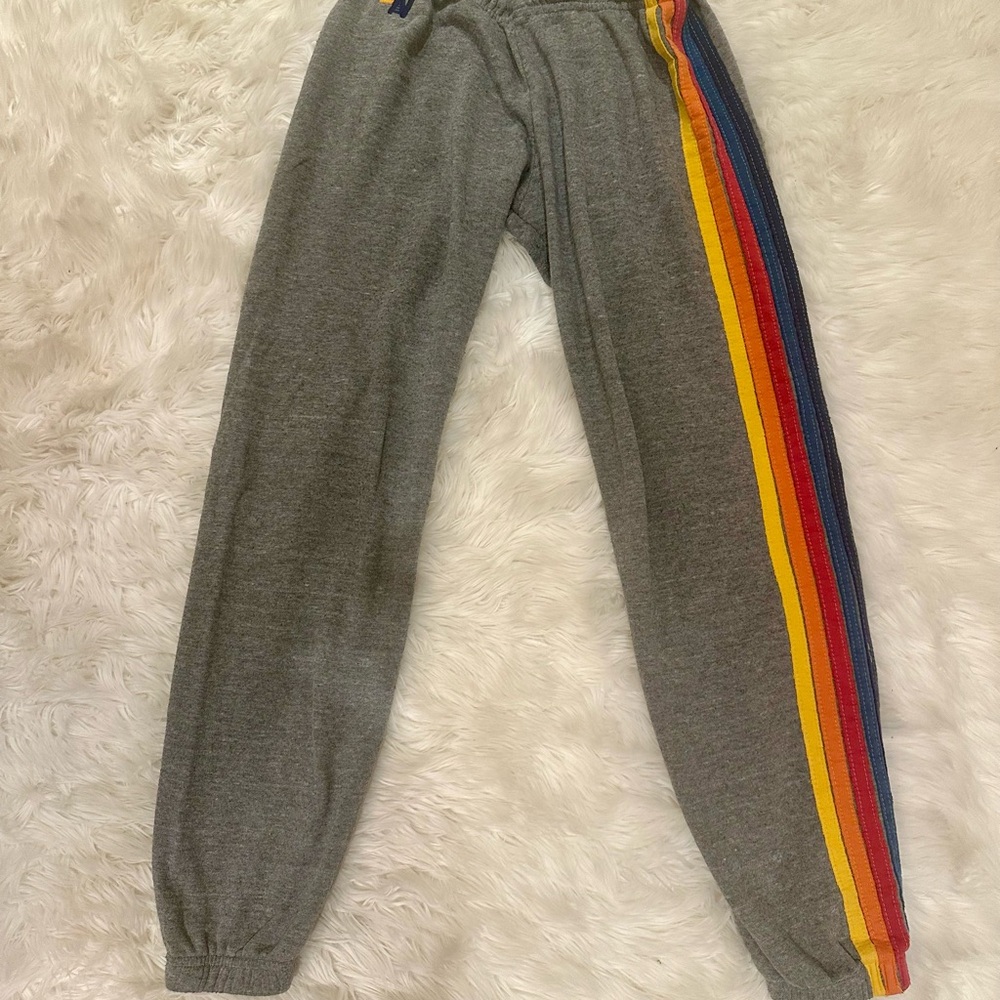 Gray Aviator Nation XS Joggers with Rainbow Stripes